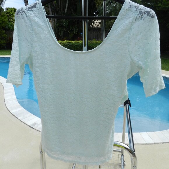 Guess Lace Top Size L Light Blue Mint | Semi Sheer 3/4 Sleeve Elegant Blouse - Picture 1 of 5